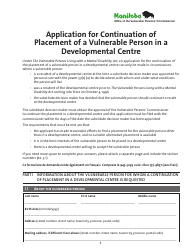 Application for Continuation of Placement of a Vulnerable Person in a Developmental Centre - Manitoba, Canada