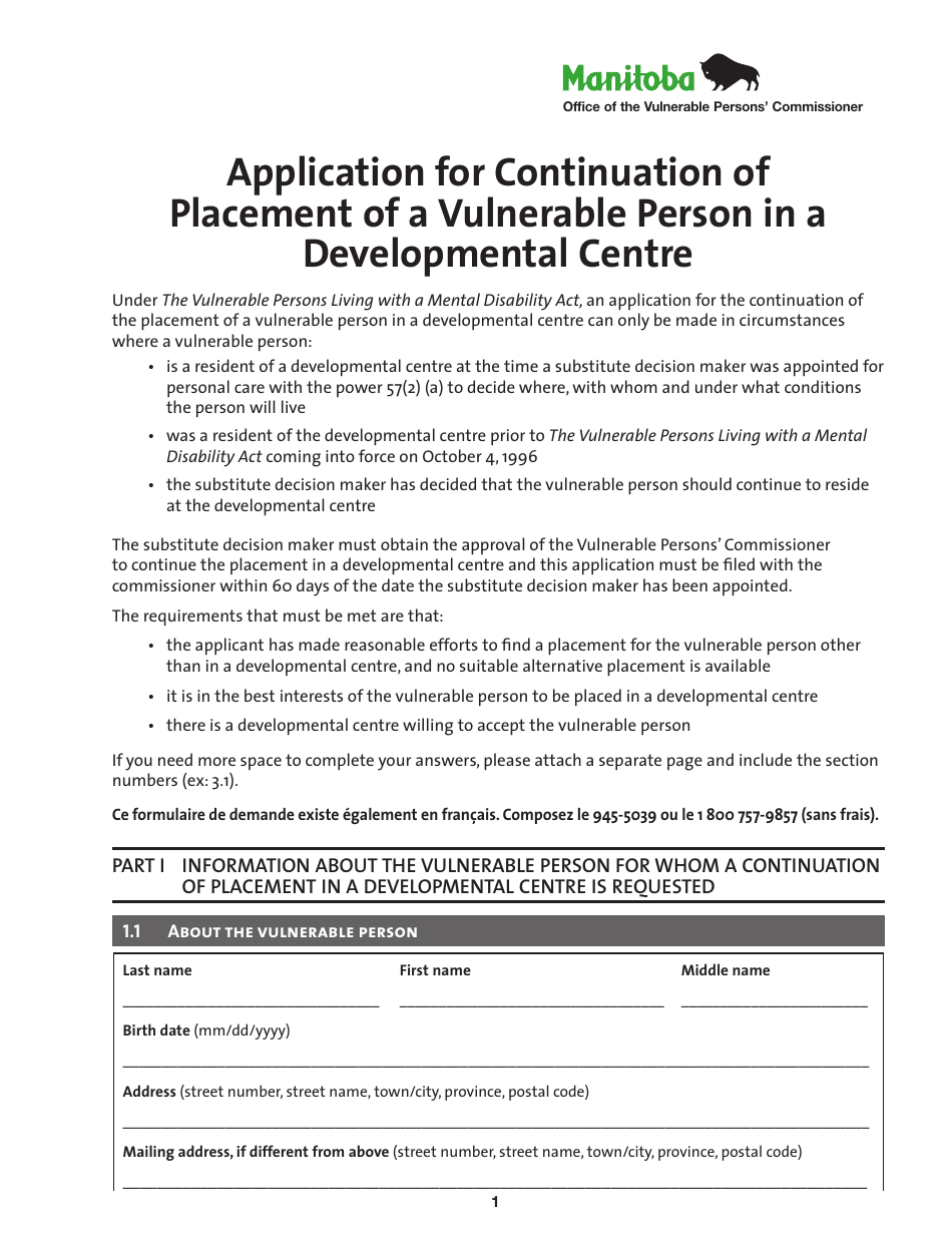 Application for Continuation of Placement of a Vulnerable Person in a Developmental Centre - Manitoba, Canada, Page 1