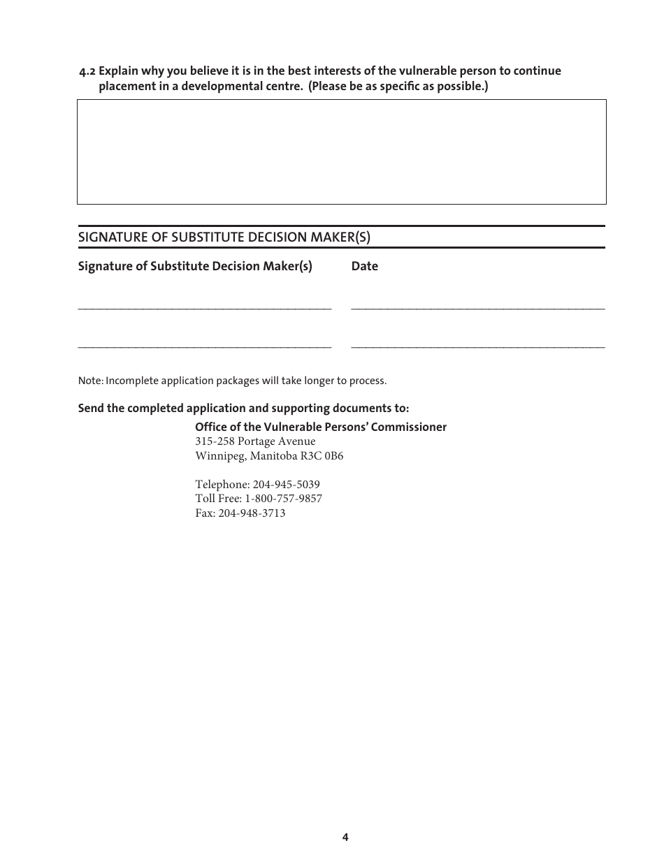 Application for Continuation of Placement of a Vulnerable Person in a Developmental Centre - Manitoba, Canada, Page 4
