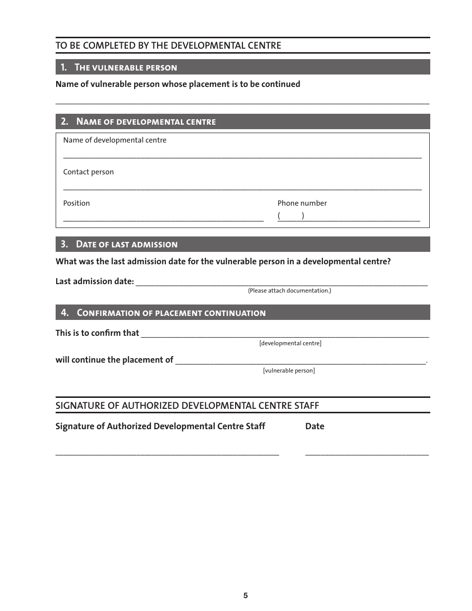 Application for Continuation of Placement of a Vulnerable Person in a Developmental Centre - Manitoba, Canada, Page 5
