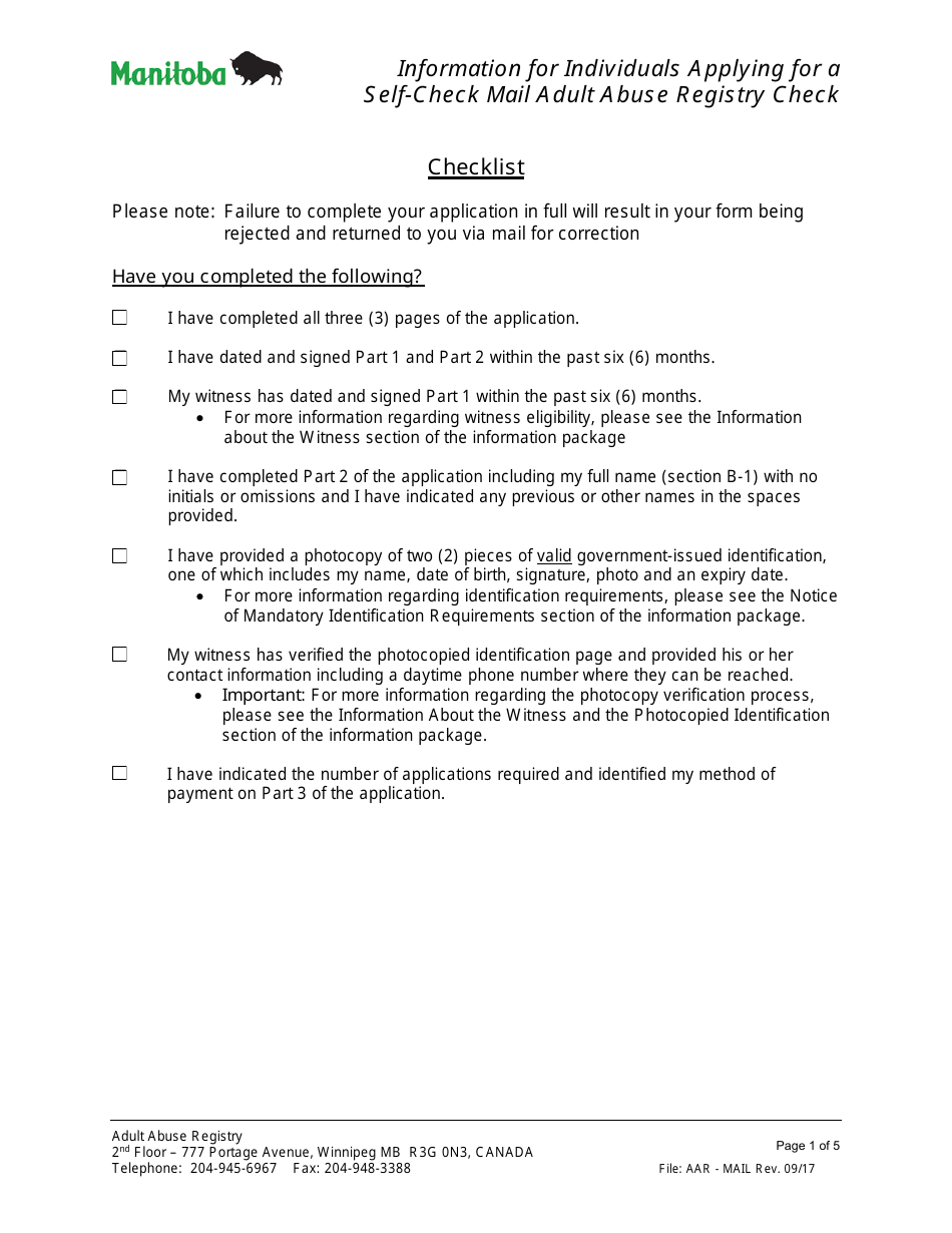 Application for an Adult Abuse Registry Self-check (Mail) - Manitoba, Canada, Page 1