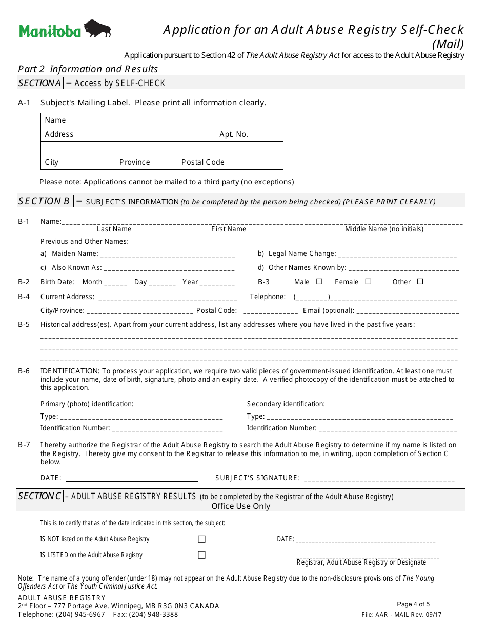 Manitoba Canada Application for an Adult Abuse Registry Self-check ...