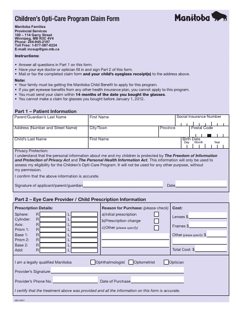 Form MG-9501 Children's Opti-Care Program Claim Form - Manitoba, Canada
