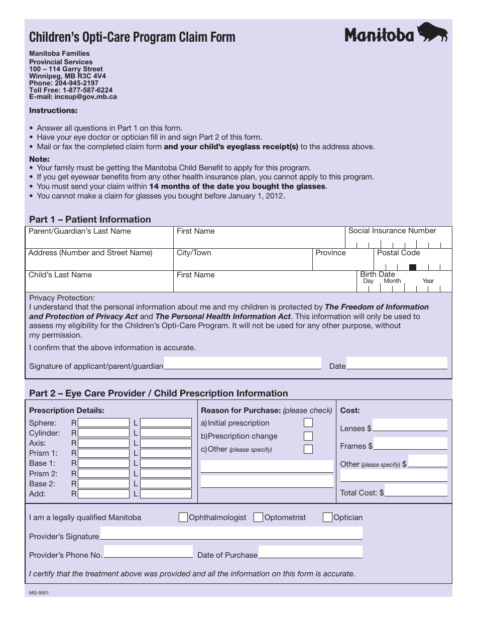 Form MG-9501 Childrens Opti-Care Program Claim Form - Manitoba, Canada, Page 1