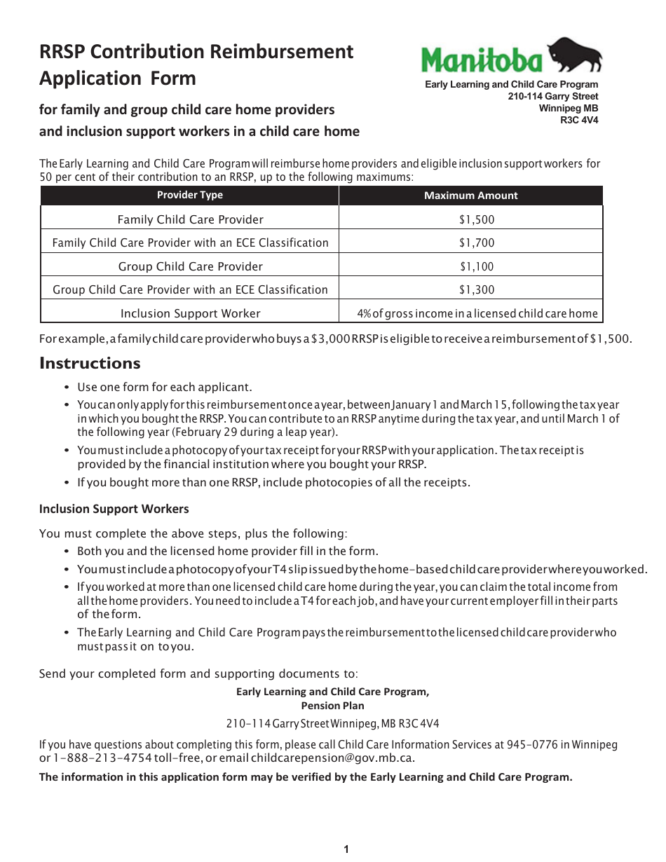 Rrsp Contribution Reimbursement Application Form for Family and Group Child Care Home Providers and Inclusion Support Workers in a Child Care Home - Manitoba, Canada, Page 1