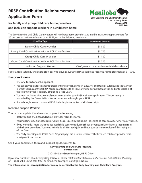 Rrsp Contribution Reimbursement Application Form for Family and Group Child Care Home Providers and Inclusion Support Workers in a Child Care Home - Manitoba, Canada Download Pdf