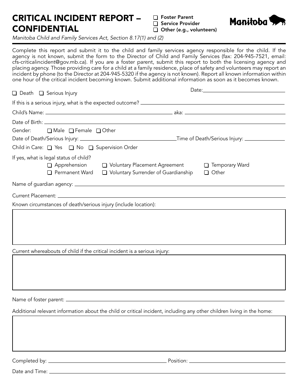 Manitoba Canada Critical Incident Report Confidential Fill Out Sign Online And Download PDF