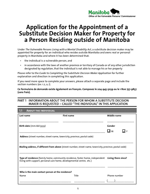 Application for the Appointment of a Substitute Decision Maker for Property for a Person Residing Outside of Manitoba - Manitoba, Canada Download Pdf