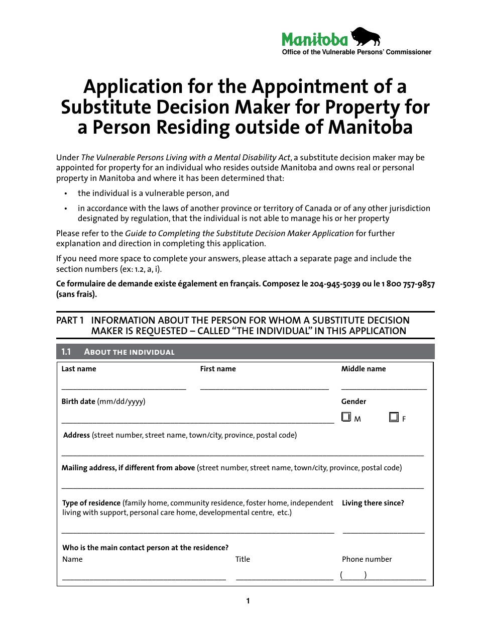 Application for the Appointment of a Substitute Decision Maker for Property for a Person Residing Outside of Manitoba - Manitoba, Canada, Page 1