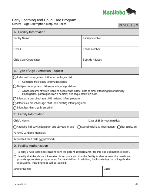 Early Learning and Child Care Program Centre - Age Exemption Request Form - Manitoba, Canada Download Pdf