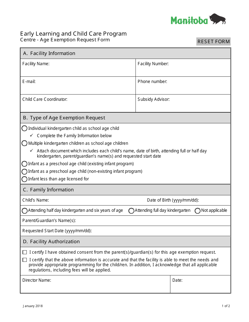 Early Learning and Child Care Program Centre - Age Exemption Request Form - Manitoba, Canada, Page 1