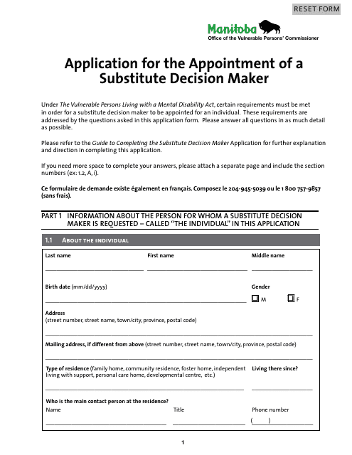 Application for the Appointment of a Substitute Decision Maker - Manitoba, Canada Download Pdf