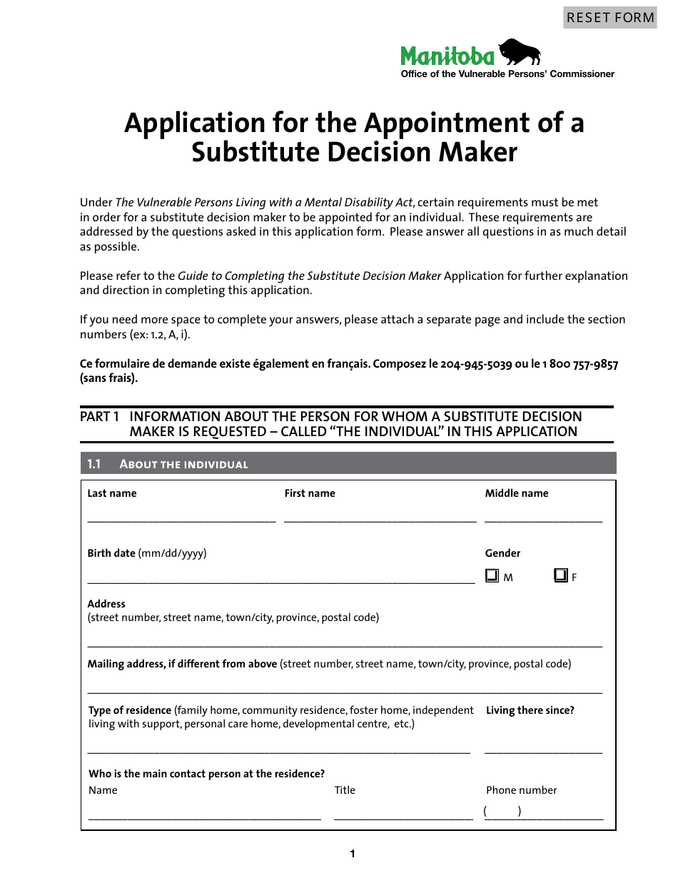 Application for the Appointment of a Substitute Decision Maker - Manitoba, Canada, Page 1