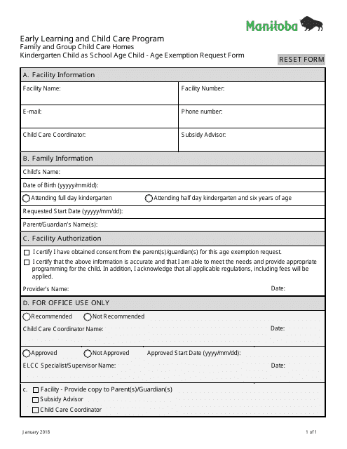 Early Learning and Child Care Program Family and Group Child Care Homes Kindergarten Child as School Age Child - Age Exemption Request Form - Manitoba, Canada Download Pdf