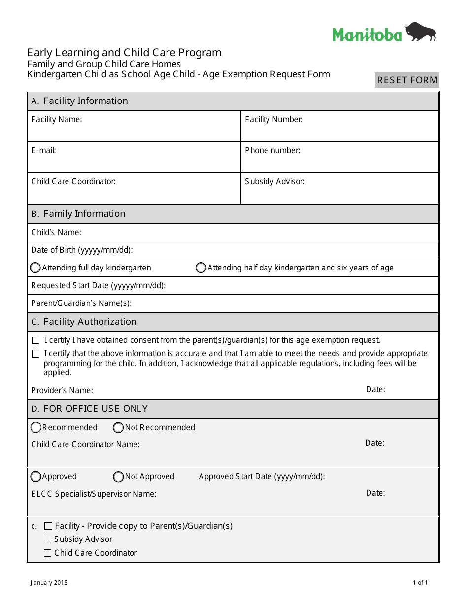 Early Learning and Child Care Program Family and Group Child Care Homes Kindergarten Child as School Age Child - Age Exemption Request Form - Manitoba, Canada, Page 1