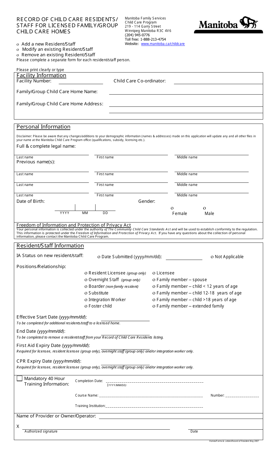 Record of Child Care Residents / Staff for Licensed Family / Group Child Care Homes - Manitoba, Canada, Page 1