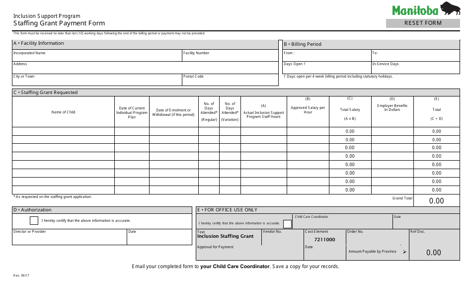 Inclusion Support Program Staffing Grant Payment Form - Manitoba, Canada, Page 1