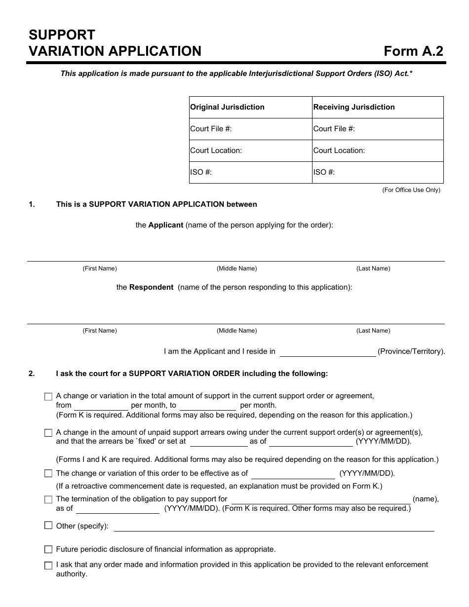 Form A.2 Support Variation Application - Manitoba, Canada, Page 1