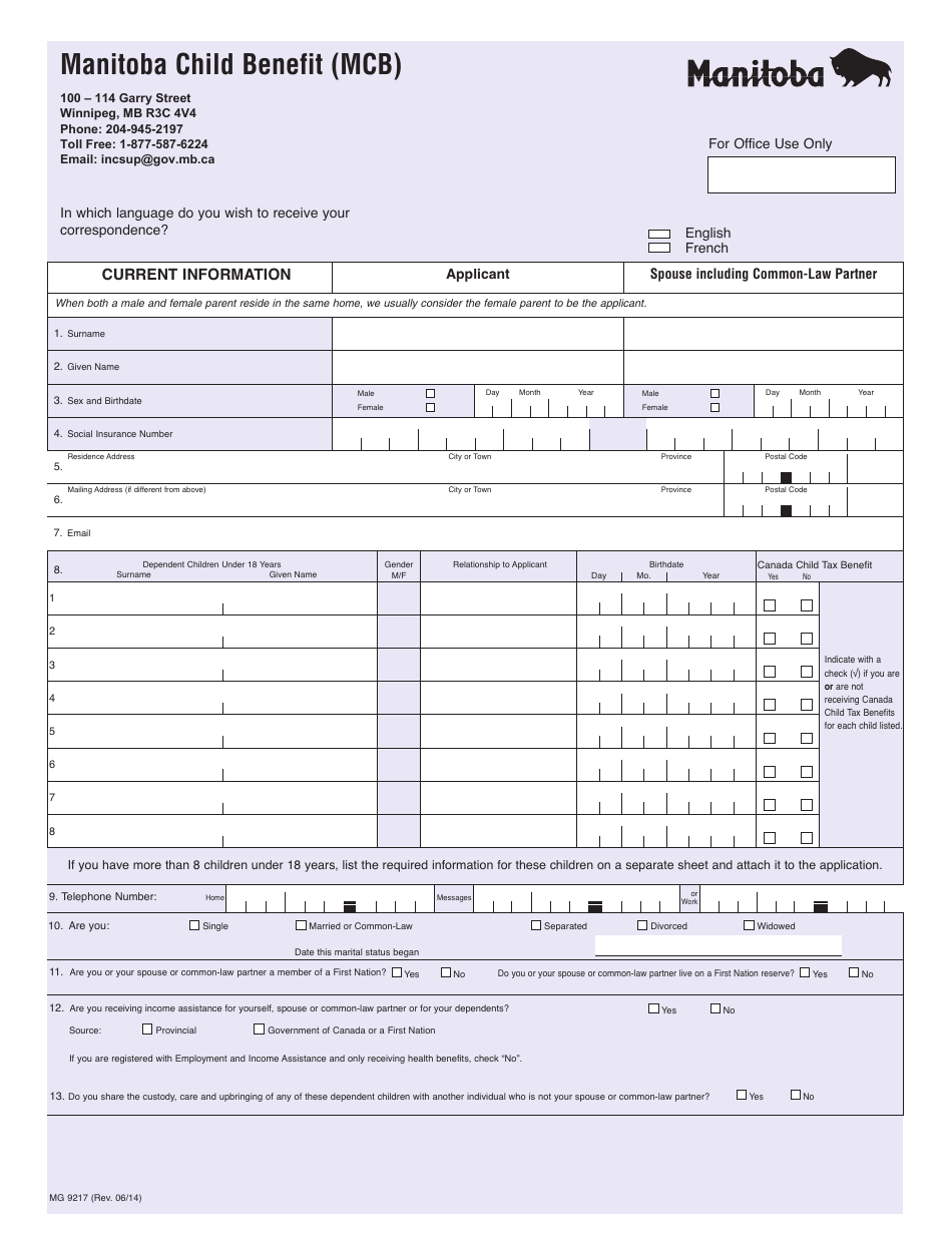 Form MG9217 Manitoba Child Benefit (Mcb) - Manitoba, Canada, Page 1