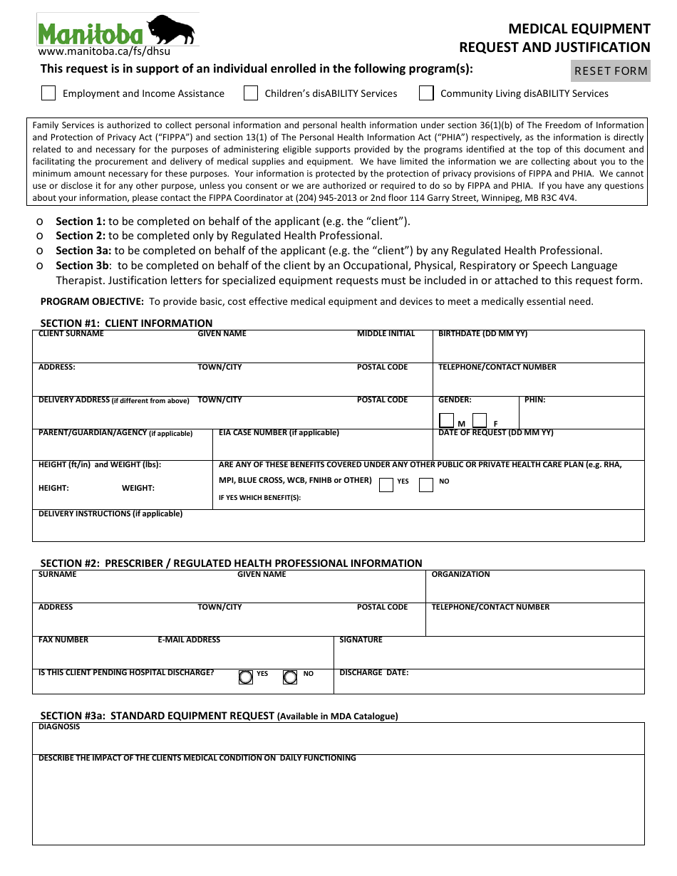 Manitoba Canada Medical Equipment Request and Justification - Fill Out ...