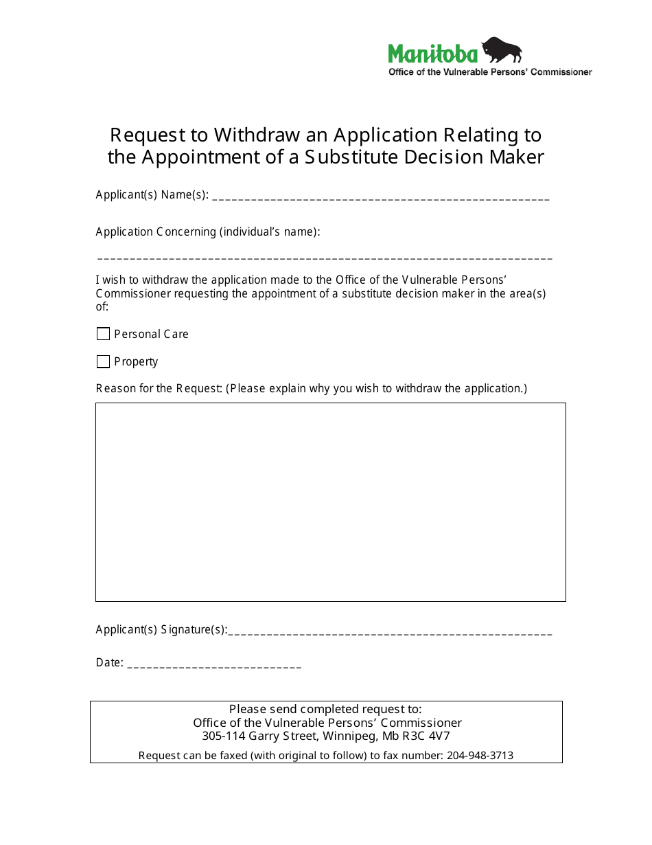 Request to Withdraw an Application Relating to the Appointment of a Substitute Decision Maker - Manitoba, Canada, Page 1