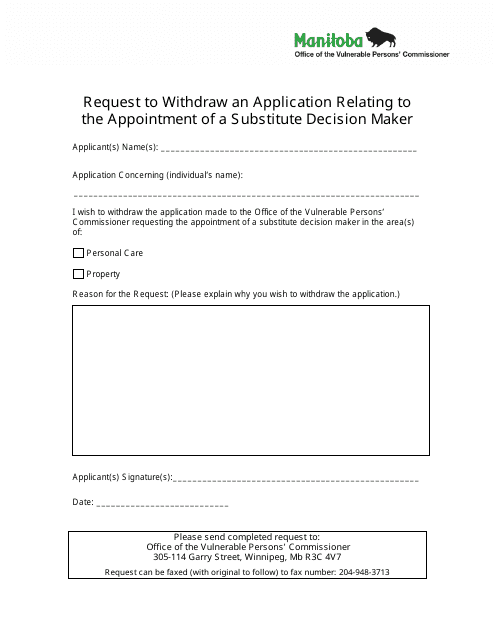 Request to Withdraw an Application Relating to the Appointment of a Substitute Decision Maker - Manitoba, Canada Download Pdf
