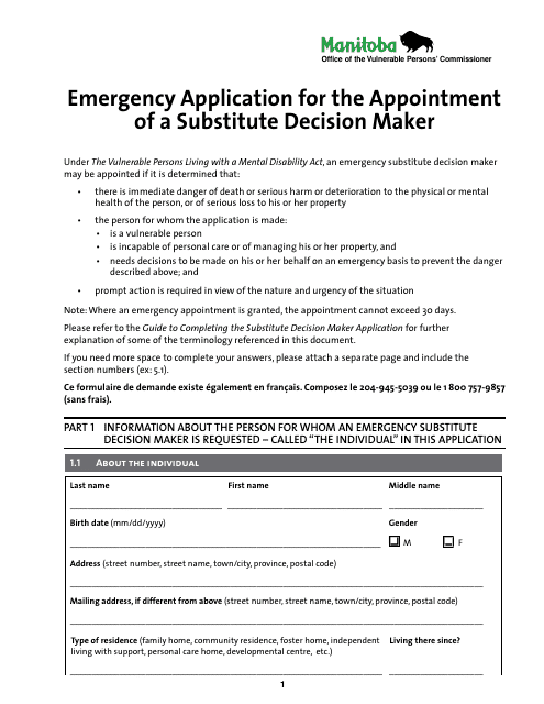 Emergency Application for the Appointment of a Substitute Decision Maker - Manitoba, Canada Download Pdf