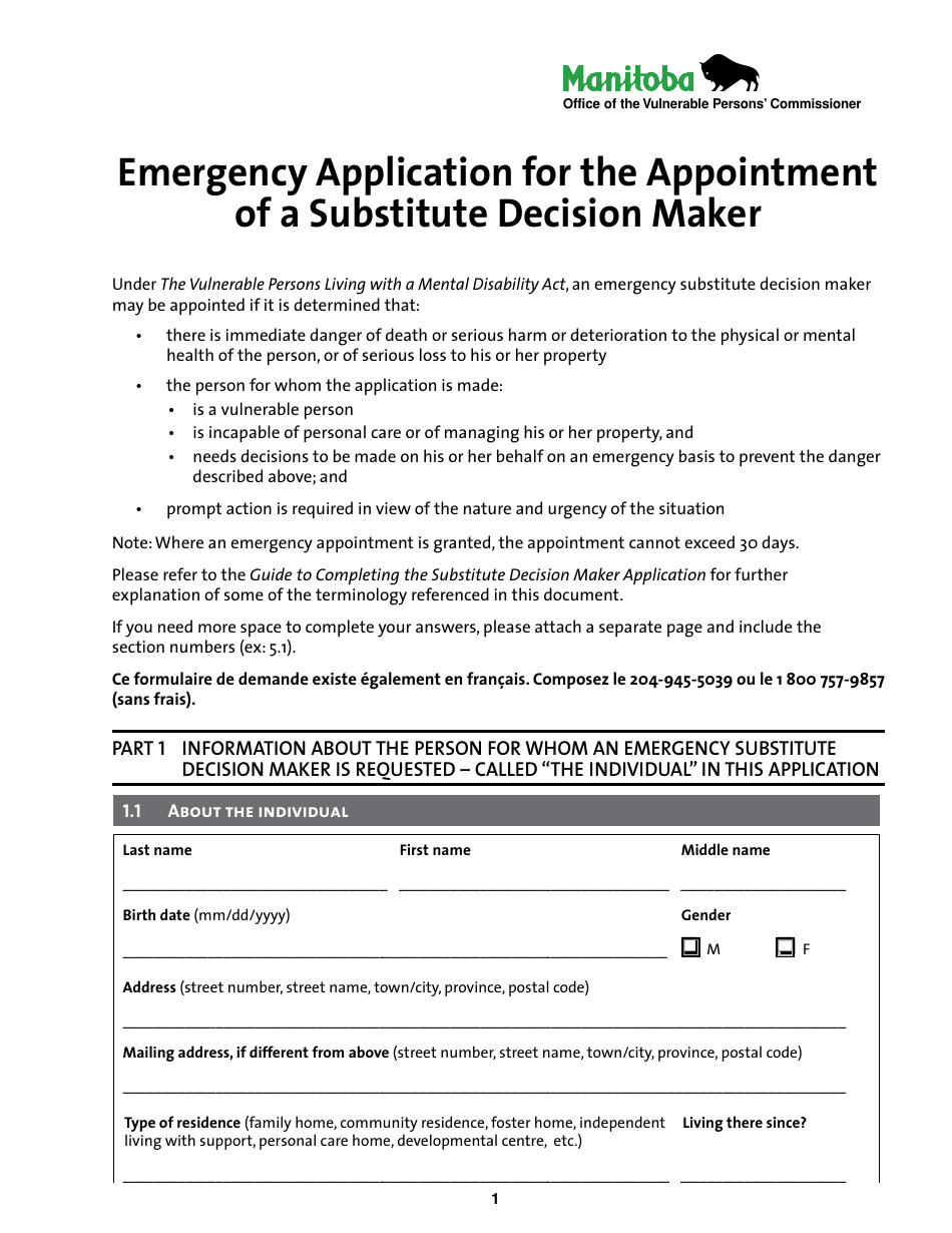 Emergency Application for the Appointment of a Substitute Decision Maker - Manitoba, Canada, Page 1