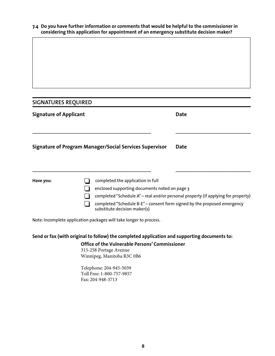 Emergency Application for the Appointment of a Substitute Decision Maker - Manitoba, Canada, Page 8
