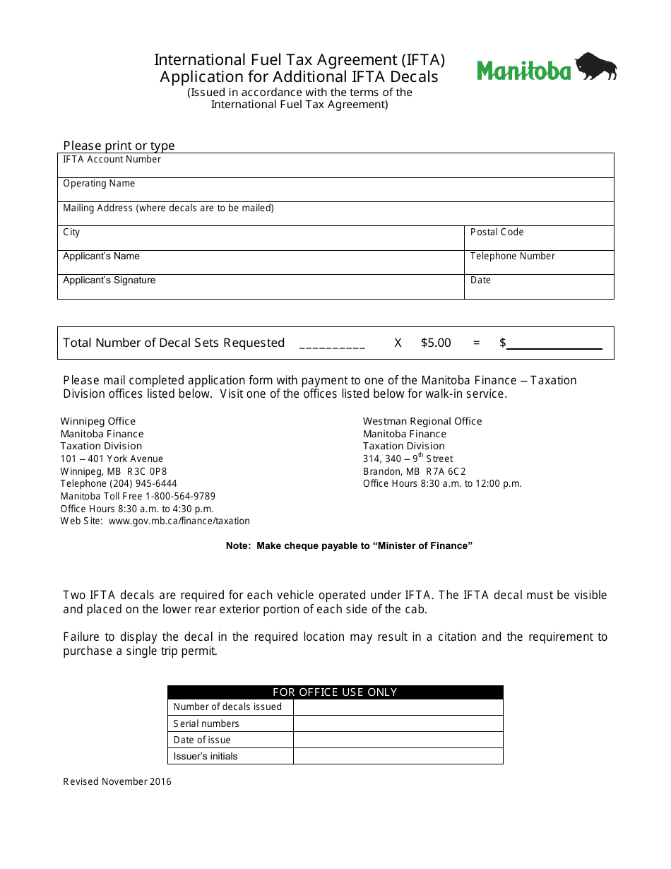 International Fuel Tax Agreement (Ifta) Application for Additional Ifta Decals - Manitoba, Canada, Page 1