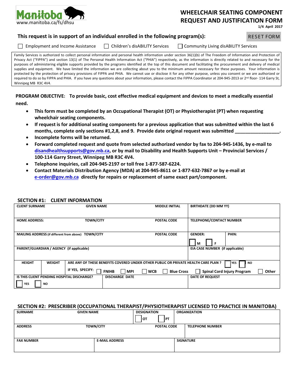 Wheelchair Seating Component Request and Justification Form - Manitoba, Canada, Page 1