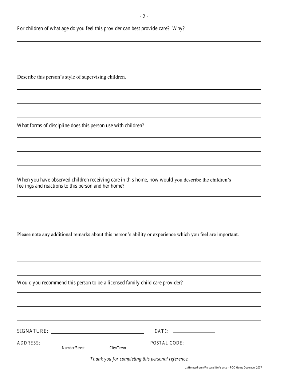 Family Child Care Home Personal Reference - Manitoba, Canada, Page 2