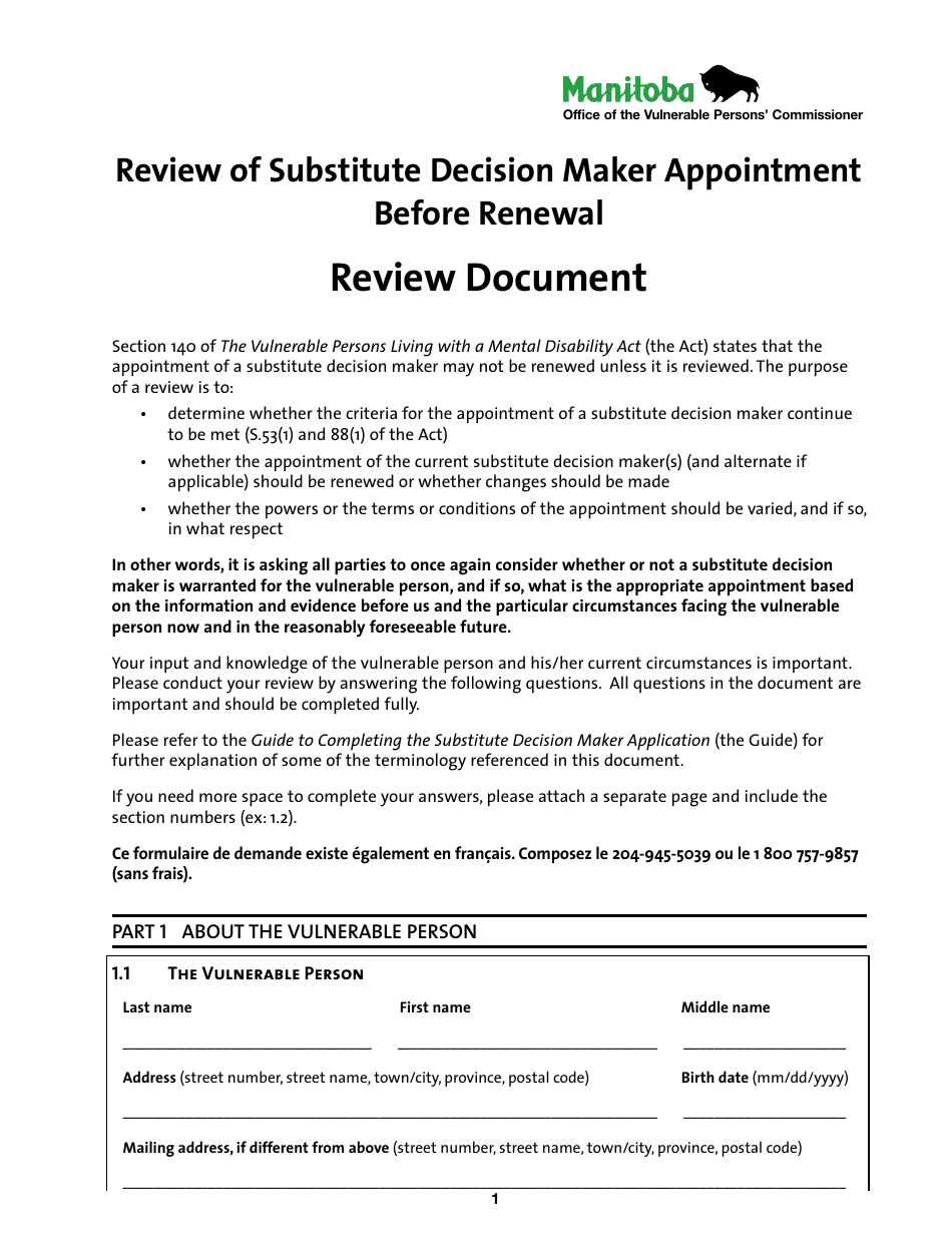 Review of Substitute Decision Maker Appointment Before Renewal - Manitoba, Canada, Page 1