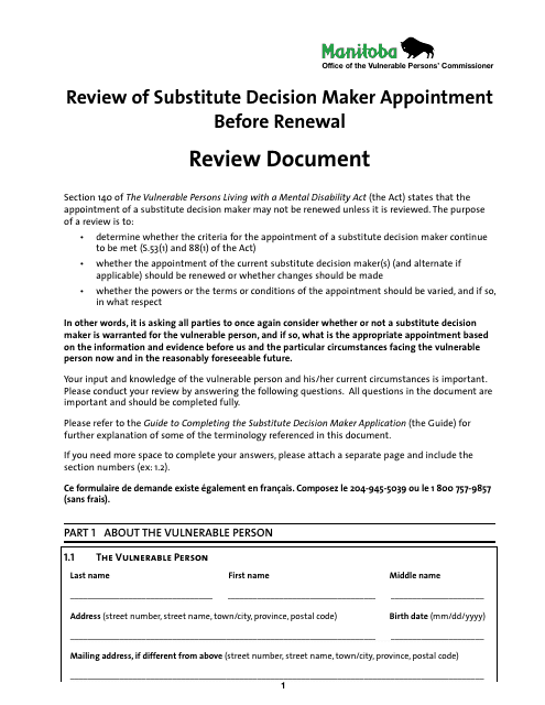 Review of Substitute Decision Maker Appointment Before Renewal - Manitoba, Canada