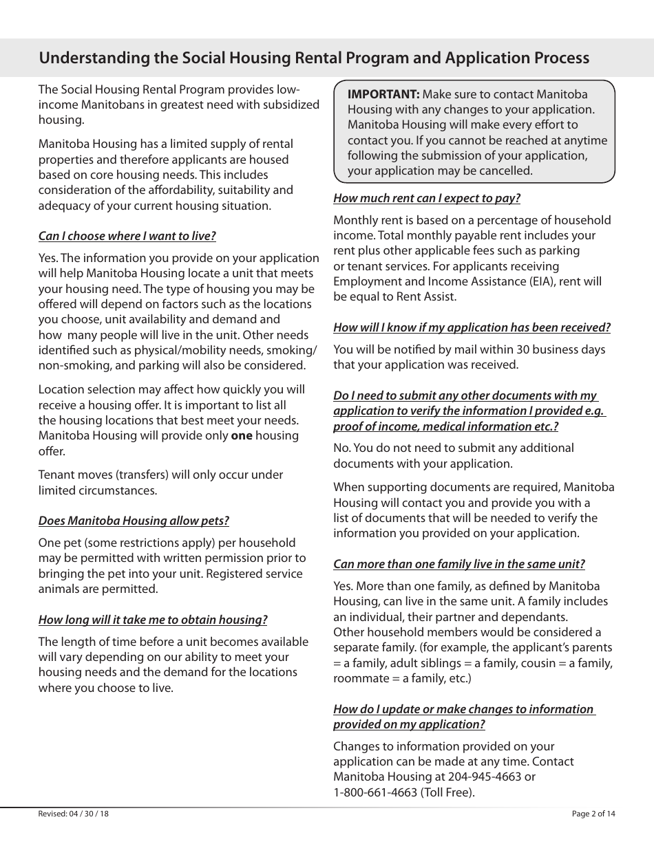 Social Housing Rental Program Application Form - Manitoba, Canada, Page 2