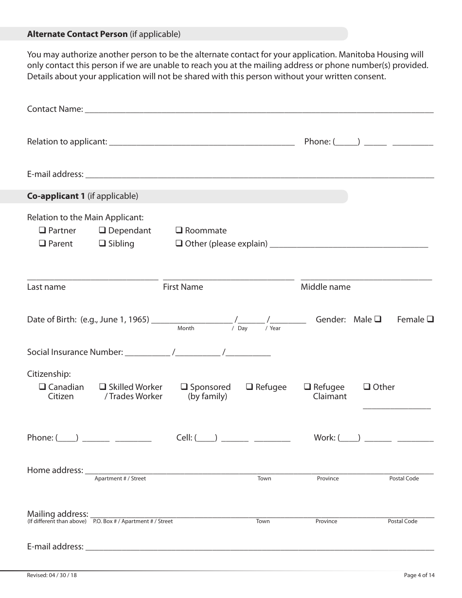 Manitoba Canada Social Housing Rental Program Application Form - Fill ...