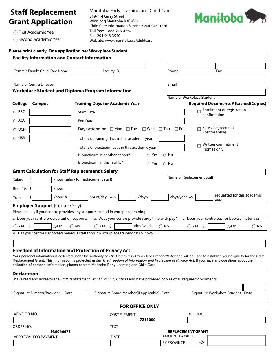 Staff Replacement Grant Application - Manitoba, Canada, Page 1
