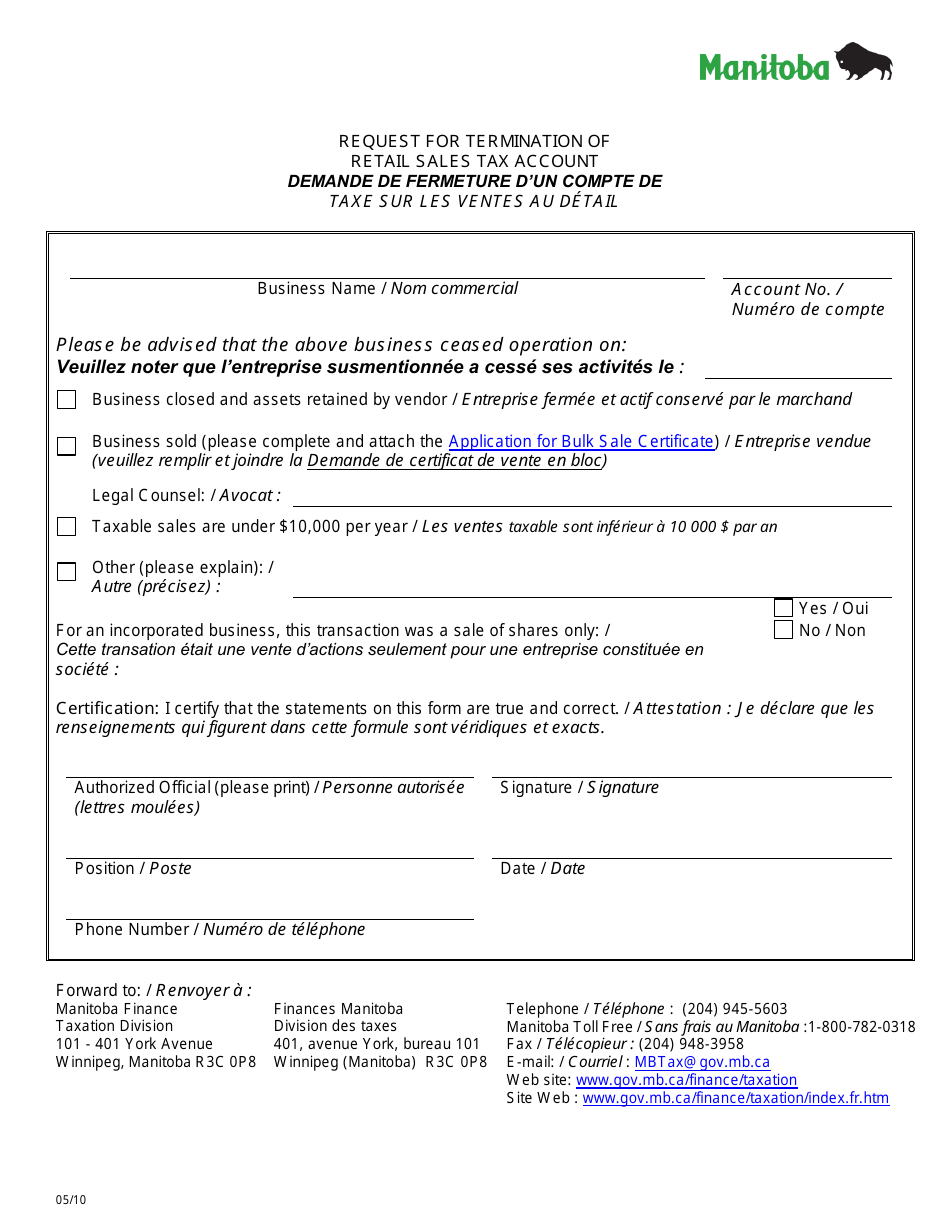 Request for Termination of Retail Sales Tax Account - Manitoba, Canada (English / French), Page 1