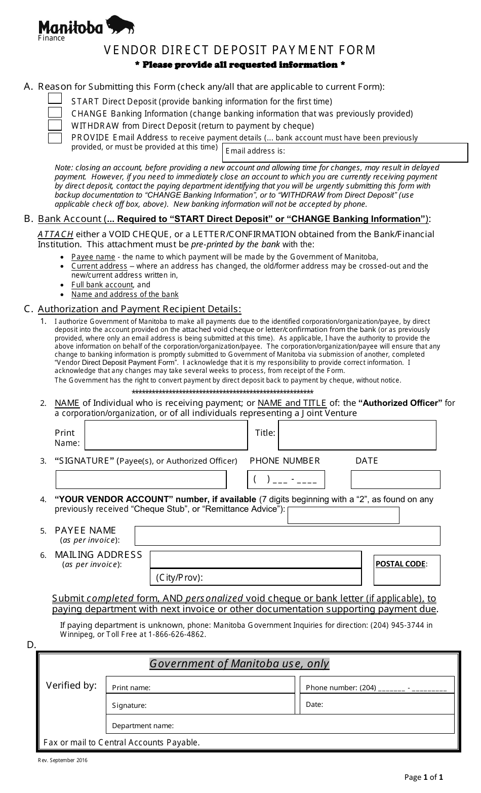 Vendor Direct Deposit Payment Form - Manitoba, Canada, Page 1
