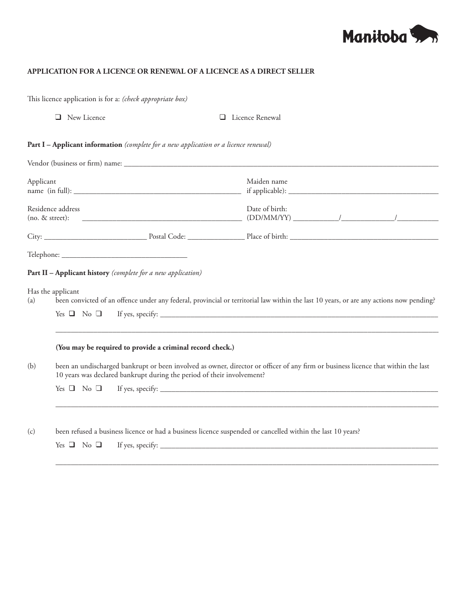 Application for a Licence or Renewal of a Licence as a Direct Seller - Manitoba, Canada, Page 1
