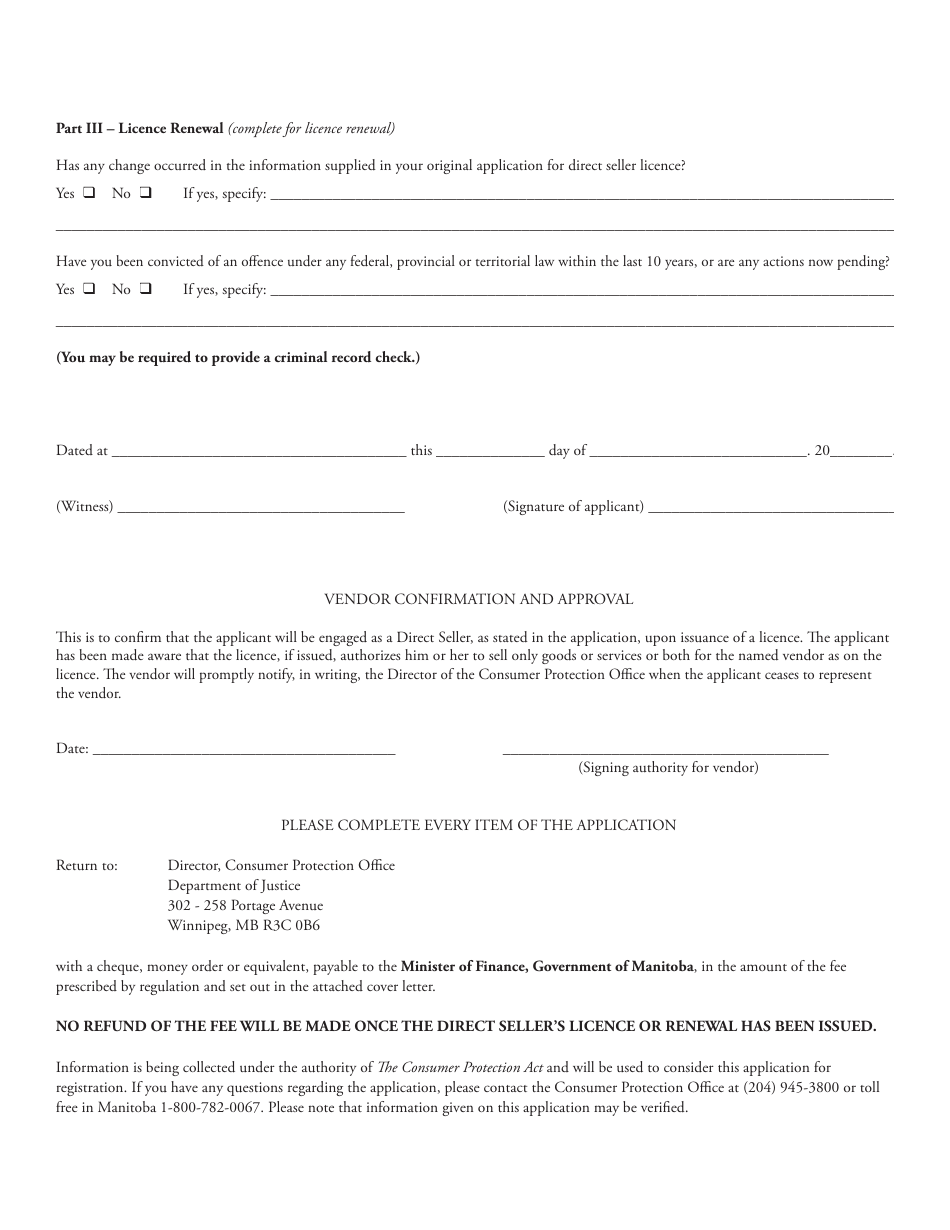 Application for a Licence or Renewal of a Licence as a Direct Seller - Manitoba, Canada, Page 2