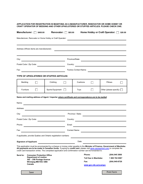Application for Registration in Manitoba as a Manufacturer, Renovator or Home Hobby or Craft Operator of Bedding and Other Upholstered or Stuffed Articles - Manitoba, Canada