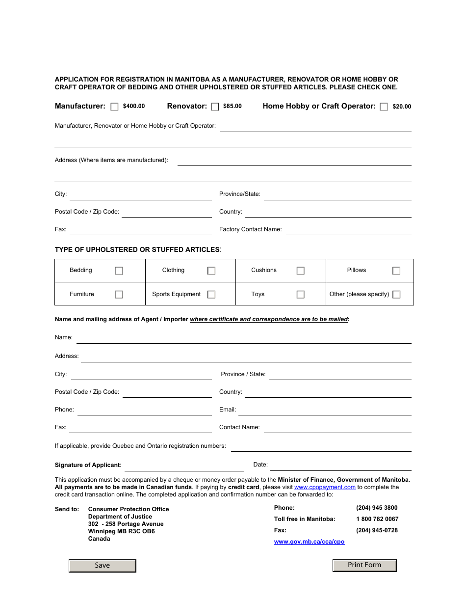 Application for Registration in Manitoba as a Manufacturer, Renovator or Home Hobby or Craft Operator of Bedding and Other Upholstered or Stuffed Articles - Manitoba, Canada, Page 1