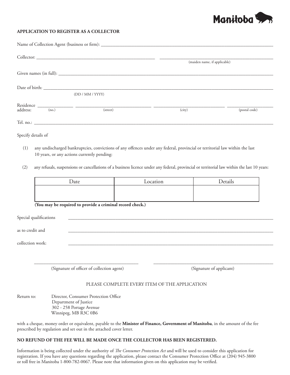 Application to Register as a Collector - Manitoba, Canada, Page 1