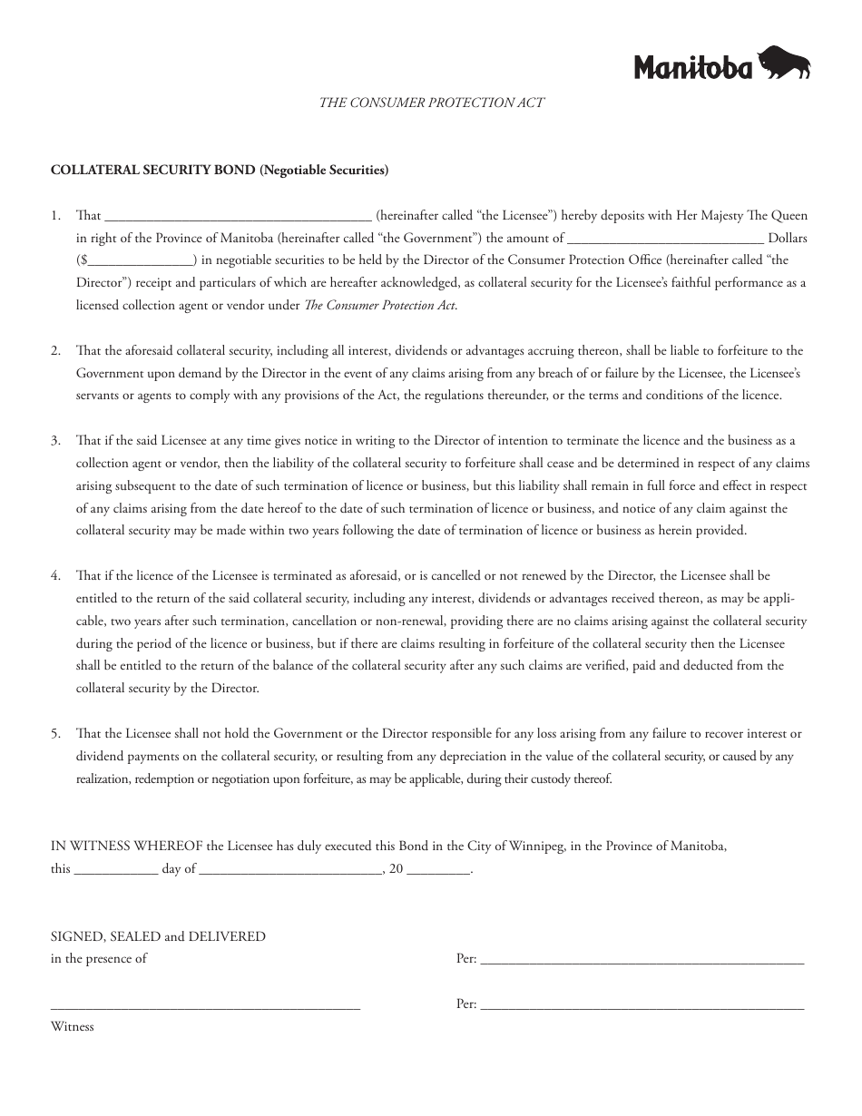 Collateral Security Bond (Negotiable Securities) - Manitoba, Canada, Page 1