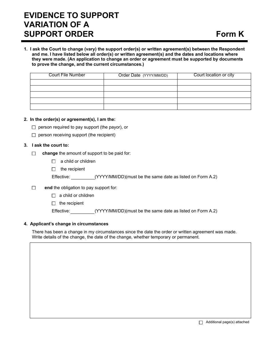 Form K Evidence to Support a Variation of a Support Order - Manitoba, Canada, Page 1