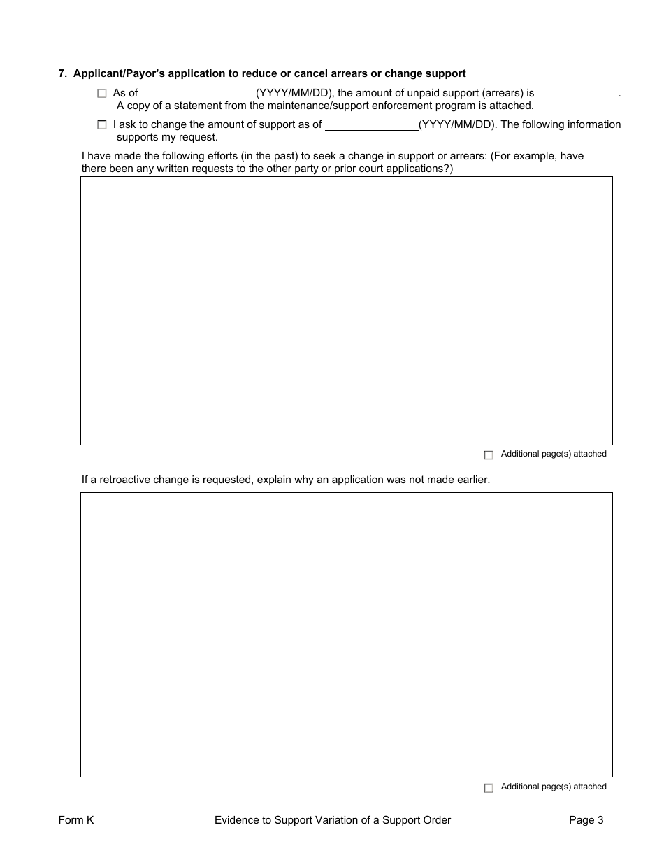 Form K Evidence to Support a Variation of a Support Order - Manitoba, Canada, Page 3