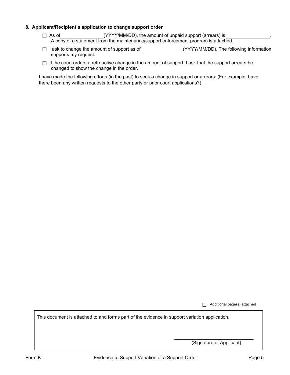 Form K Evidence to Support a Variation of a Support Order - Manitoba, Canada, Page 5