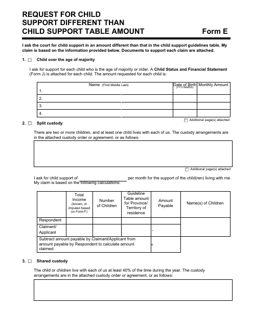 Form E Request for Child Support Different Than Child Support Table Amount - Manitoba, Canada