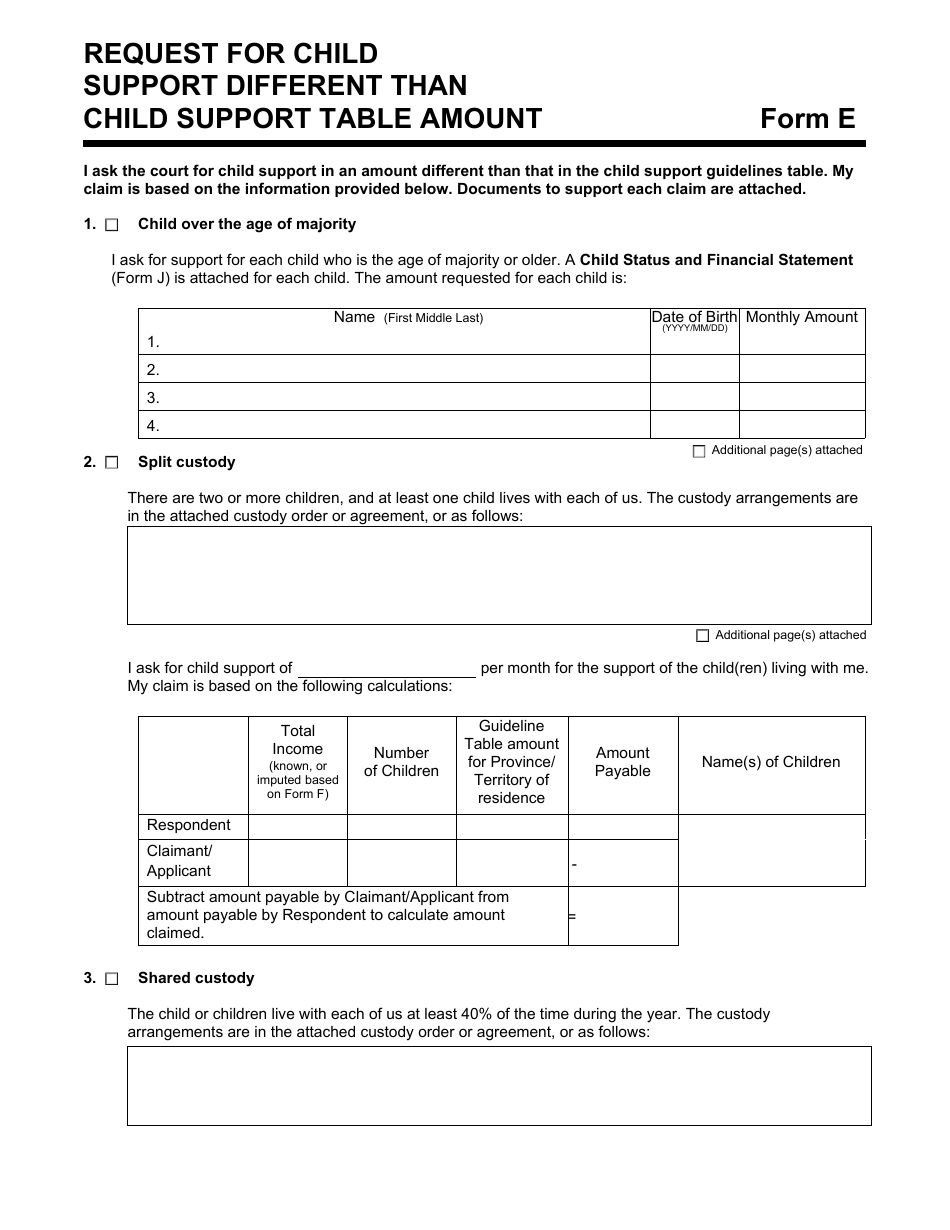 Form E Request for Child Support Different Than Child Support Table Amount - Manitoba, Canada, Page 1